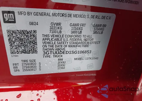 2025 GMC Sierra 1500 4Wd Short Box Slt из США, поврежденный, VIN 3GTUUDED1SG106853